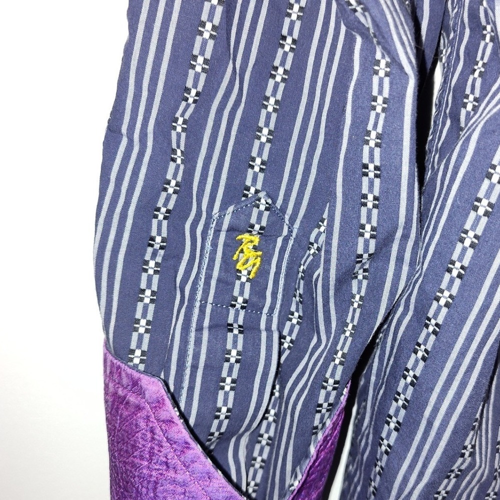 Robert Graham Mens Blue White Striped Button Down Shirt Purple Cuffs Size XL - Picture 5 of 12